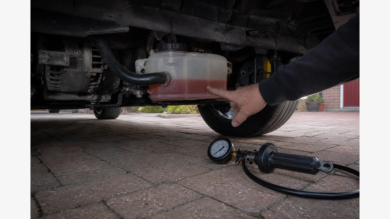 Driver checking coolant level with no puddle on the driveway before a pressure test
