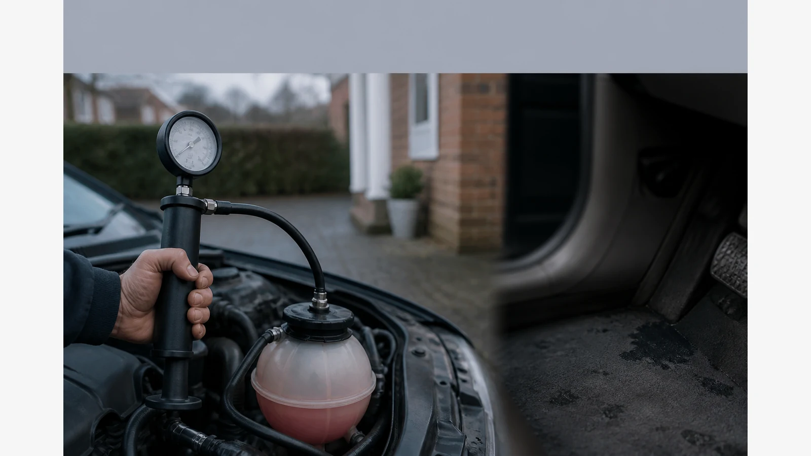 Hand pump and gauge connected to a car expansion tank during a cold cooling-system pressure test
