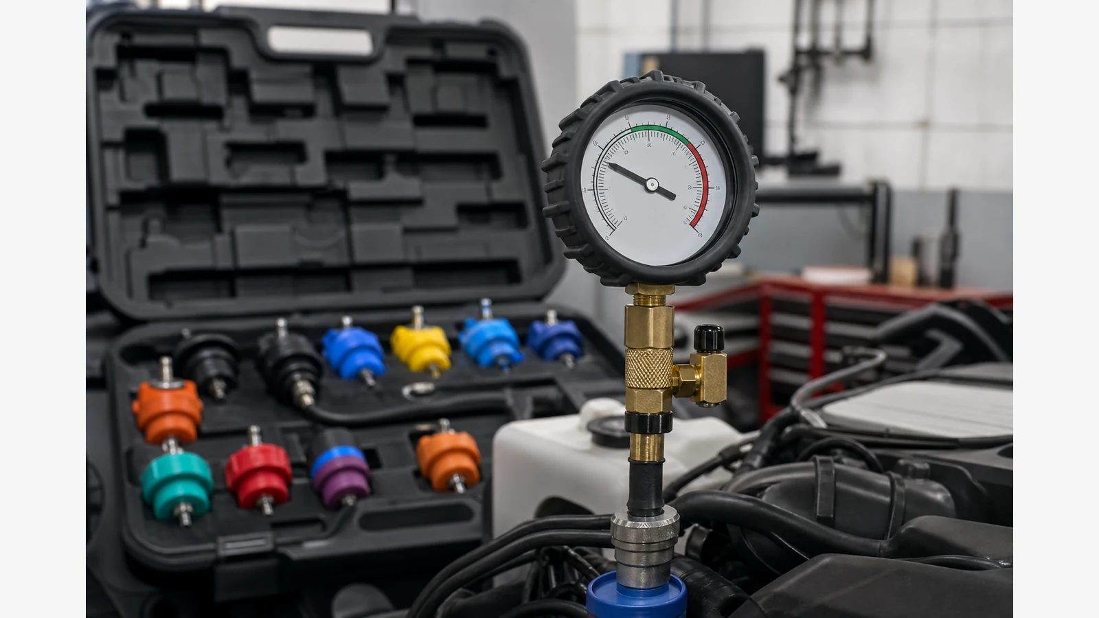 Cooling system pressure gauge holding steady during a timed leak check on a cold engine