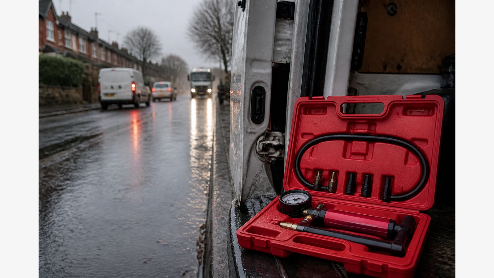 Portable hand-pump cooling system pressure tester kit in a van for roadside leak diagnosis