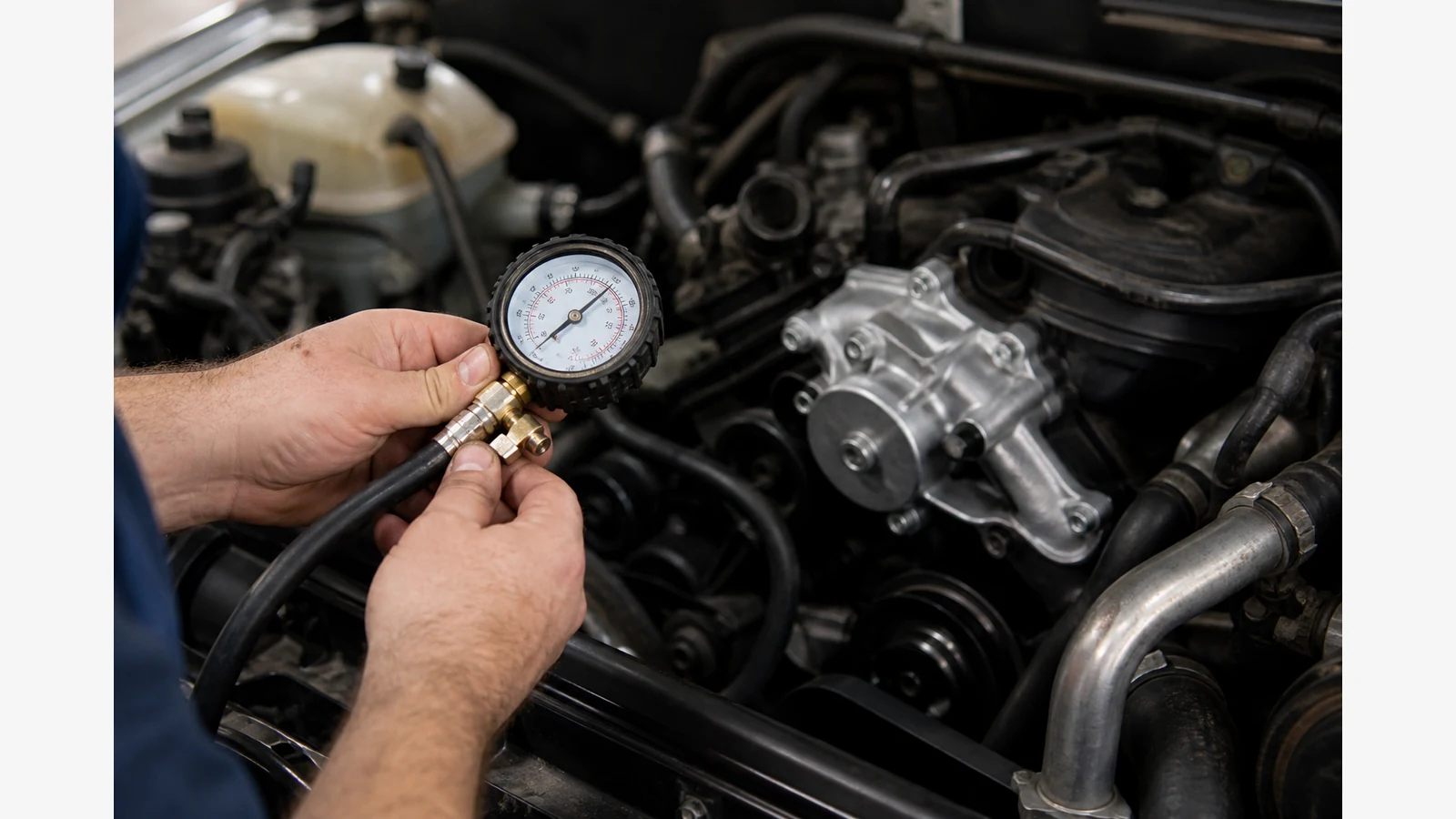 Technician checking a pressure gauge after water pump replacement on a cold cooling system